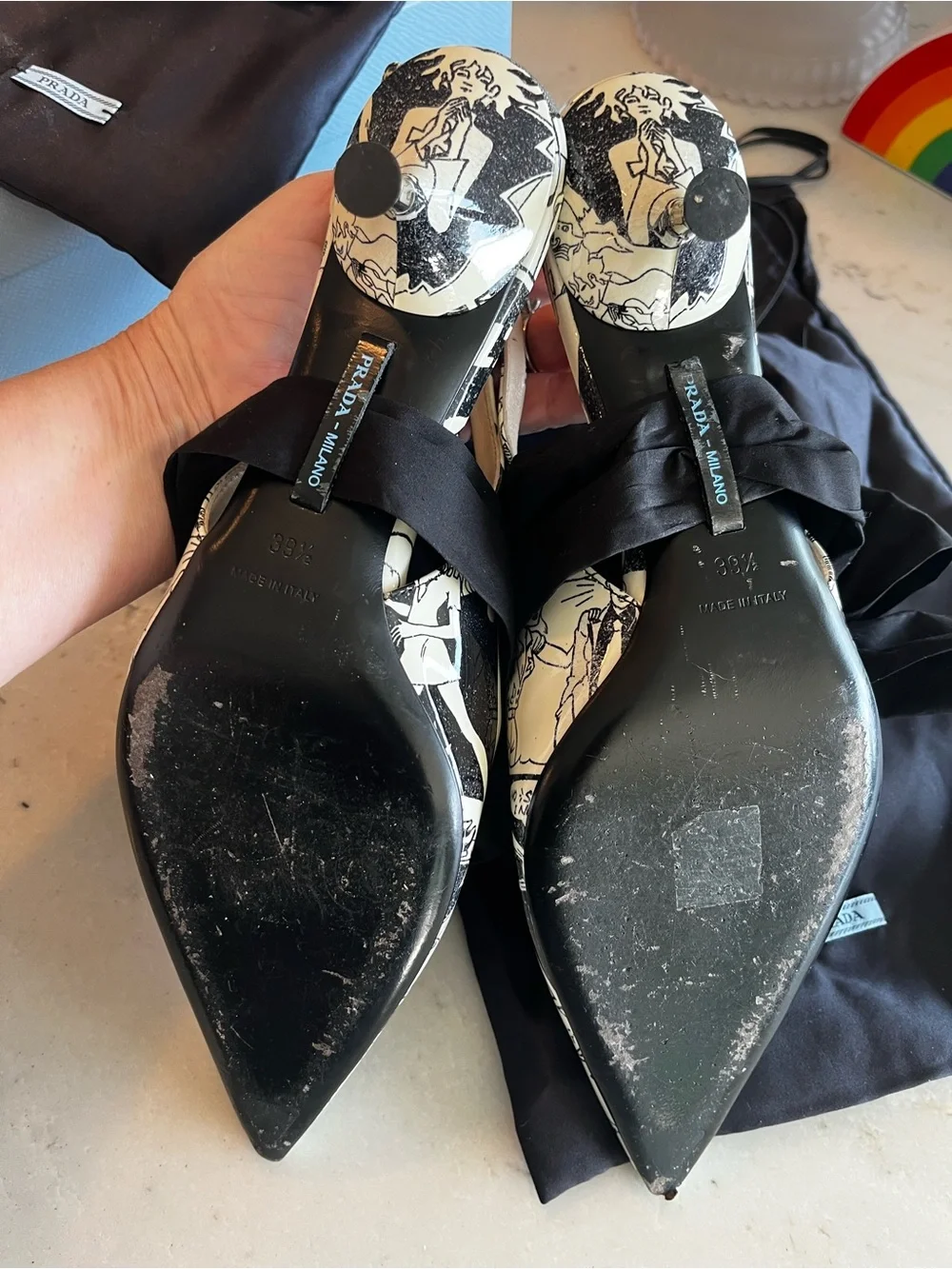Prada Cream & Black Comic Strip Printed Bow Slingback Pumps. Very Special.